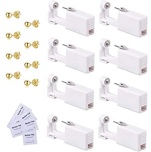KOMUNJ Juego de 8 pistolas de perforación de lóbulos de oreja, desechables, estériles, de seguridad, con pendientes, set de perforación aséptico, set de piercing, Acero inoxidable