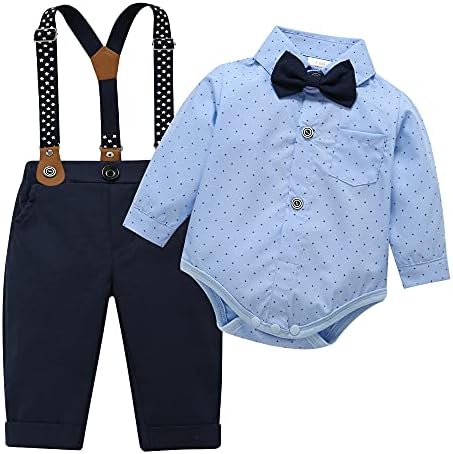 HeMarIsle Baby Toddler Boy Formal Gentleman Suits,Dress Long Sleeve Blue Shirt With Bowtie+Suspender Pants Dressy Outfit (3136Light blue, 12-18 Months)