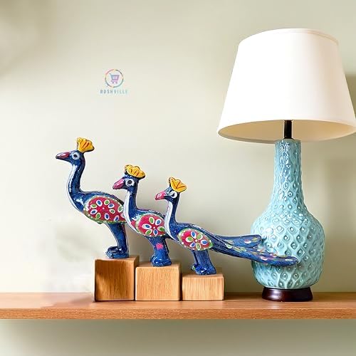 Hand-Painted Paper Mache Camel, Peacock & Elephant Set - Traditional Indian Folk Art Decor for Home, Office, and Special Occasions (Set of 9) - Light Blue
