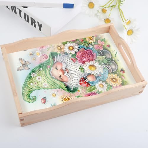 Image of AiYuanzsh DIY Diamond Tray Diamond Art Painting Plate Creative Design Handmade Wooden Tray Mosaic Making Kits by Number Kits Diamond Art for Coffee Living Room Home Organizer (Green Gnome)