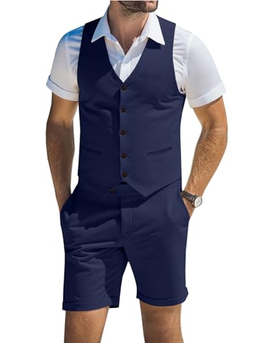 Men's Linen Suits Blue 2 Piece Vests Short Pants Suit for Men Casual Summer Beach Groomsmen Wedding Waistcoat Set Outfit 2XL
