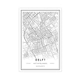 MGDUJGH Delfter Landkarte auf Leinwand, Wanddekoration, Poster, Zuhause, Bar, Restaurant, Garage, Café, Geschenk, 40 x 60 cm