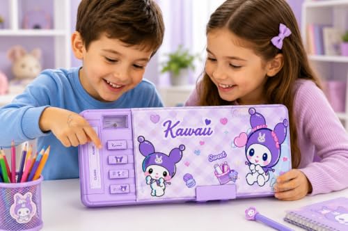 Image of Kawaii Password Lock Compass Box for Girls, Multifunction Pencil Box with Sharpener, Calendar, Timetable Card, Storage Drawer & Pen Holder, Cute Purple Stationery Case