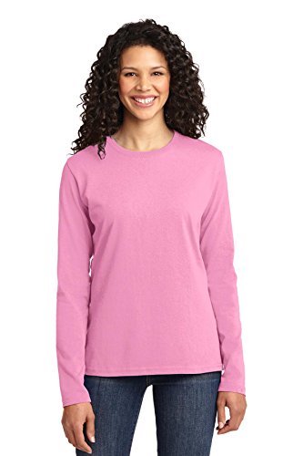 Port & Company Ladies Long Sleeve 100% Cotton T-Shirt, Candy Pink, Medium