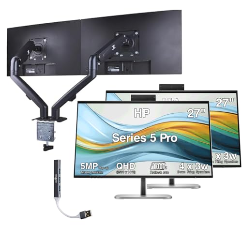 Image of HP Series 5 Pro 27 inch QHD USB-C Conferencing Monitor, 5MP Pop-up Webcam, 4x3W Speakers, VESA Mount (100mm), Displayport, HDMI, Black /Silver, 2Pack w /DKZ Hub & ErgoFlexy Dual Mount Arms