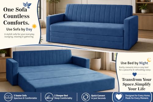Image of 3-Seater Velvet Sofa Cum Bed with Armrests | Modern Convertible Sleeper Couch | Stylish Sofa Bed for Living Room, Bedroom & Office | Blue