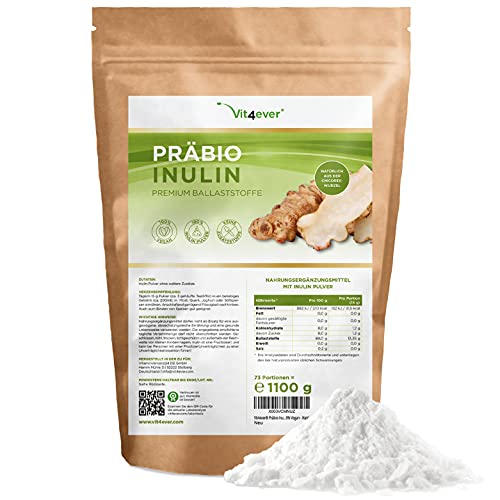 Präbio Inulin Pulver - 1100 g (1,1 kg) - Hoher Ballaststoffgehalt - Präbiotikum - Rückstandskontrolliert - Herkunft Europa - Natürlich aus der Chicoree Wurzel - 100% Vegan