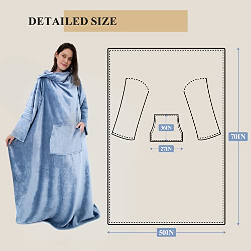 Maxicozy Wearable Blanket With Sleeves And Pocket, 50 "X 70 ", Warm And Comfy Flannel Blanket Sweatshirt For Adult Women Men(Light Blue) #TOP3