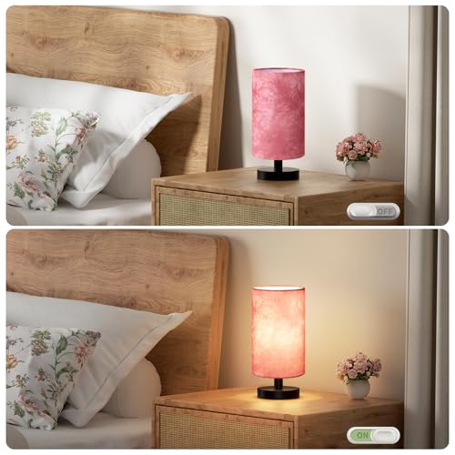 Image of Fenmzee Small Table Lamp for Bedroom - Inline Control, Bedside Lamp with 3000K A15 LED Blub, Easy Assembly (Pink Shade - Black Base, 9 inch Inline Control)