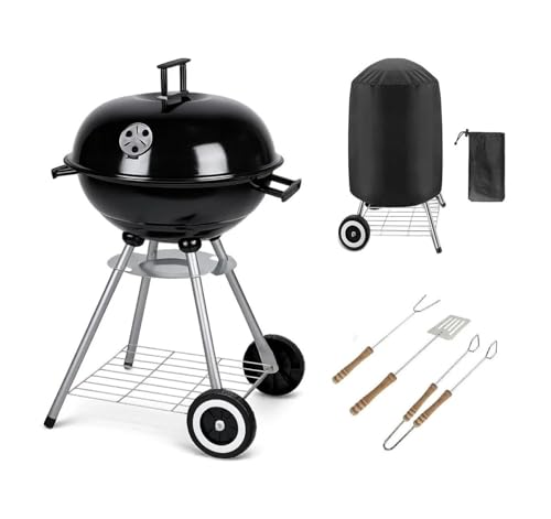 BBQ Grill Patio Portable Charcoal BBQ Kettle with Cover & Cooking Utensils Tools heels Stand Garden Camping Caravan Outdoor Barbecue Ball Rounded Bbq on wheels Black 43.5 cm Stainless Steel