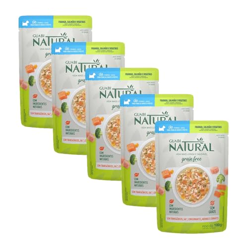 Kit 5 Ração Úmida Guabi Natural Grain Free Sachê Cães Adultos Salmão e Frango 100g