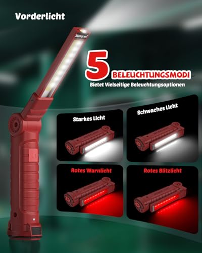 Coquimbo Coquimbo Geschenke für Männer Papa Ihn, Werkstattlampe LED Arbeitsleuchte Taschenlampe Aufladbar Inspektionsleuchten KFZ Werkzeug mit Magnet und Haken Gatgets für Männer (Rot) - Detailansicht 2 | TV | Video | Foto