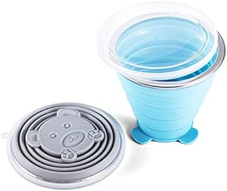 HORRAu 2 Pack Collapsible Silicone Outdoor Travel Cups with Lid, 270ml BPA Free Reusable Portable Mug for Camping, Hiking, Picnic (Blue and Grey)