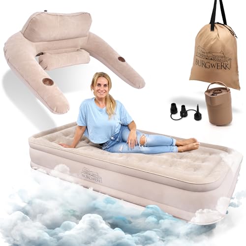 Burgwerk Luftbett für 1 Person [3-in-1 System] | Edles Gästebett & Campingbett | Aufblasbare Matratze mit Elektropumpe | Selbstaufblasende Luftmatratze