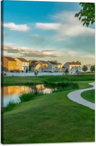 Canvas Wall Art for Living Room Square frame Pathway and pond a park covered green grasses under blue Framed Prints Poster for Bedroom Bathroom Decor Painting Home Wall Artwork 20x30 Kitchen