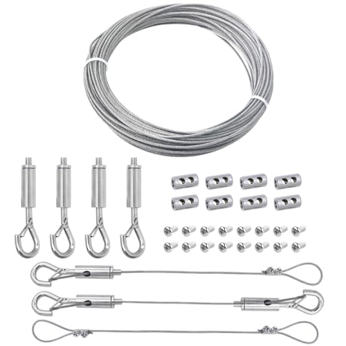 Picture Hanging Wire kit, Adjustable Heavy Duty Stainless Steel Wire Rope Accessories, 50 Feet(Thick 1.5mm) Stainless Steel Hanging Wire Supports 50 lbs, for Hanging Mirror Picture Frame Billboards