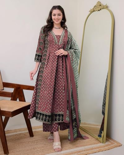 Image of ANNI Designer Women's Pure Cotton Anarkali Kurta Set for Women with Dupatta & Plazzo - Hand Block Print Suit Set | Stylish Dress | Cotton Kurta Set for Women