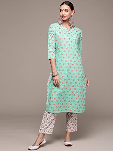Image of anubhutee Women's Turquoise Handwork Printed Kurta Set with Trousers
