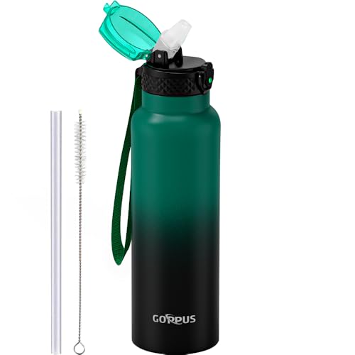 GOPPUS 750ml/26oz Stainless Water Bottle with Straw Double Wall Insulated Bottles with Strap Reusable Vacuum Thermal Flask Leakproof Keep Cold Drinks Bottles with Flip Top Lid for Men Women BPA Free