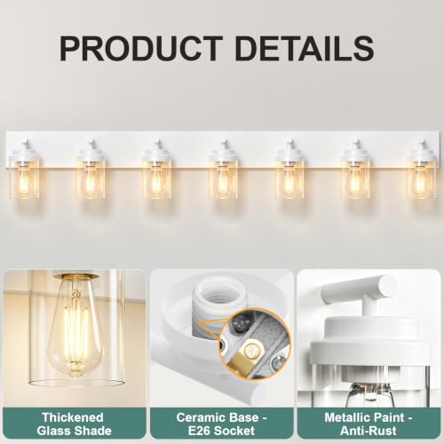 Image of IZORRO Bathroom Light Fixture White, Clear Glass Shade 52-Inch 7-Light | Bathroom Light Fixtures Over Mirror, Modern Farmhouse Vanity Lights, Rustic Restroom Lighting Fixtures
