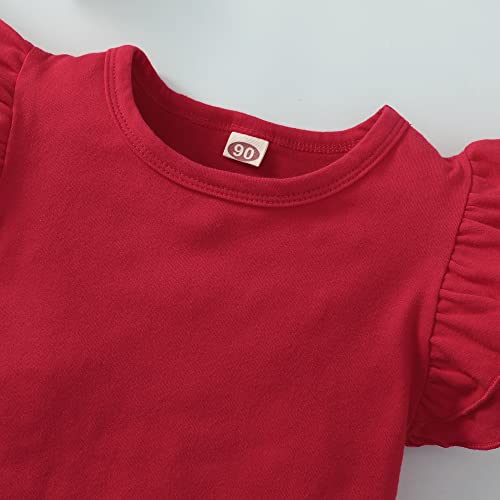 Kids Blouse Plain Ruffle Sleeve Top Toddler Girls Solid Color T-Shirt Baby Girl Cotton Casual Clothes (Red, 3-4 Years)