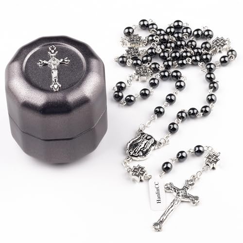 HanlinCC St.Michael Catholic Rosary Necklace Hematite Stone Beads with Metal Cross Glory Beads for Men and Women in Metal Box
