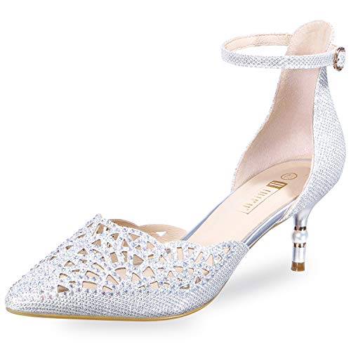 IDIFU Women's IN2 Candice Wedding Rhinestones Sequins Low Kitten Heels Pumps Dress Evening Shoes for Women Bridal Bride (8.5, Silver)