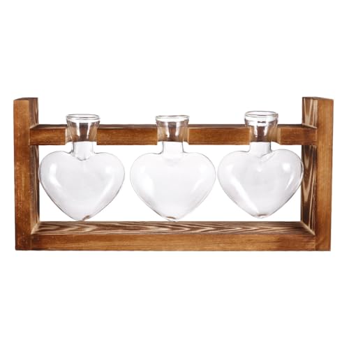 SHINEOFI 3pièces Retro Heart-Shaped Glass Vase Set with Wooden Rack Hydroponic Plant Container for Home Décor Floral Arrangements Gifting