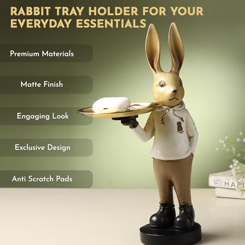 Image of ARMONIA Decorative Rabbit Butler Figurine with Gold Tray, Premium Matte Finish, Decoration for Home & Office, 37 cm Tall