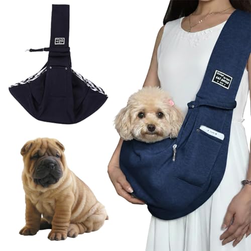 Lifetips シャーペイ(Shar Pei) ペットスリング 犬猫兼用 ショルダーキャリー 軽量 通気 洗える 調節可能 クッション付き 収納ポケット 斜め掛け アウトドア 11色展開 小型犬 中型犬 ペット用キャリーバッグ (ネイビー)