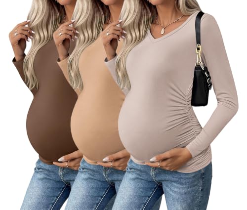 Ekouaer Womens Maternity Shirts Long Sleeve 3 Packs V-Neck Pregnancy Tops - image 1