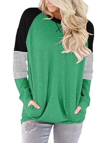 ONLYSHE Womens Casual Loose Fitting Tunic Tops Crewneck Classic Tee Shirt Color Block Sweatshirt with Pockets Grass M