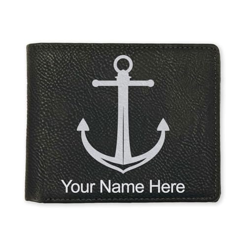 LaserGram Faux Leather Bi-Fold Wallet, Boat Anchor, Personalized Engraving Included (Black with Silver)