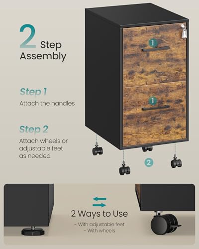 Image of SONGMICS File Cabinet, Pre-Assembled Except Wheels and Handles, Office Filing Cabinet with Lock, for A4, Legal, Letter Sized Documents, 17.7 x 14.4 x 25.4 Inches, Rustic Brown and Black UOFC112B02