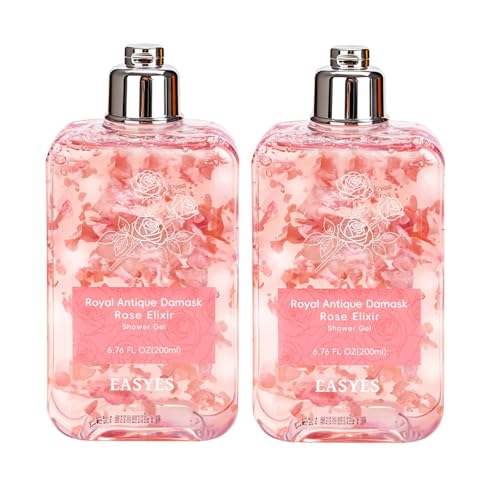 Image of Rose Essence Body Wash for Women, Damask Rose Shower Gel with Real Rose Petals, Natural Moisturizing Hydrating Bodywash with Hyaluronic Acid, Ceramides & Coconut Oil Rich Floral Fragrance 14 oz