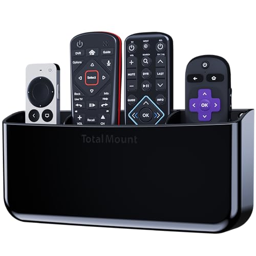 TotalMount Hole-Free Remote Holder – Eliminates Need to Drill Holes in Your Wall (Premium Black Holder for 3 or 4 Remotes)