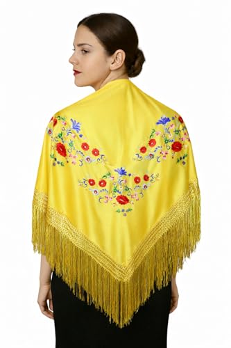Châle espagnol jaune soleil à franges pour tenue flamenco et soirée d'été
