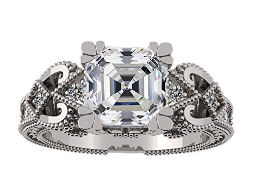 Asscher Cut Engagement Ring Pure Brilliance Zirconia, Vintage & Antique Look, Sterling Silver, 10K or 14K Gold