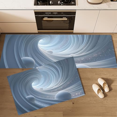 Tapetes de cocina lavables de 40X60+40X120cm con diseño abstracto azul y plata 5