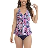 Hanraz Damen Bikini Set Crossover Schnür-Tankini Oberteil hochtaillierte Gepolsterter Bikini mit Blumenmuster Push-up Bikinioberteil mit Nackenträger