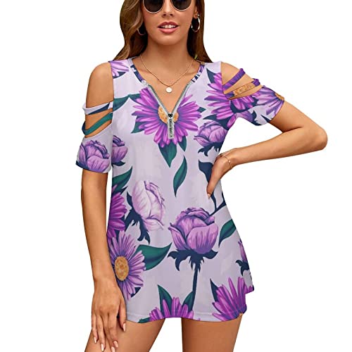 KccOsg Túnica feminina para usar com leggings, túnicas florais com ombro vazado, ajuste solto, zíper