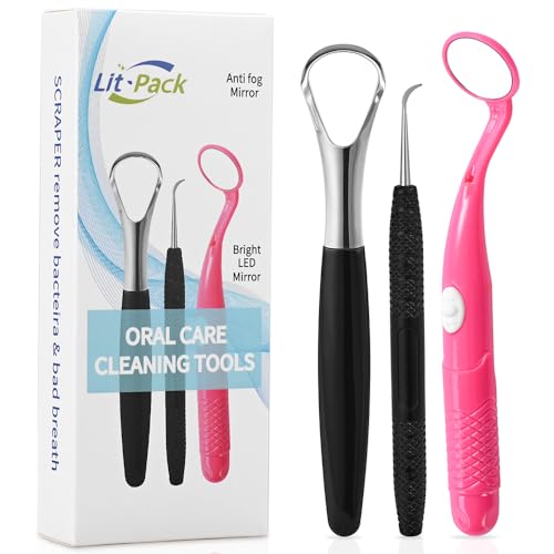 Image of Oral Care Dental Cleaning Kit, Dental Mirror with Light, Explorer Pick, and Tongue Scraper Quality Stainless Steel Dental Tools, Easy-Grip Handle (red mirror)