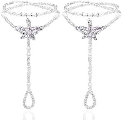 Bellady 2Pcs Pearl Ankle Chain Barefoot Sandals with Starfish Beach Wedding Foot Jewelry,White