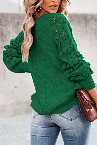 Fekoafe Christmas Pullover Lightweight Sweaters For Women Solid Color Long Sleeve Knit Lace Sexy V Neck Crochet Tops Green L #TOP2