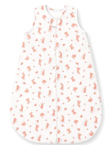 Image of TuddyBuddy Baby Cotton Wearable Quilted Sleeping Bag Blanket 1.5 Tog with 1 Way Zipper Closure | Ideal for Babies & Kids Hypoallergenic Fabrics | (Muslin Pink Rabbits AOP - White, 0-6 Months)