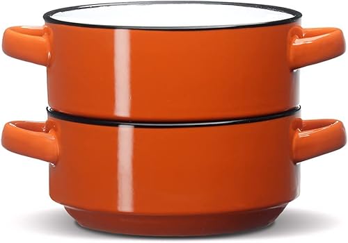 Miniatura 6 de ECODECO Tazones de cerámica para sopa de naranja con asas, 16 onzas, juego de 2 unidades, para tartas de sopa de galletas y tartas