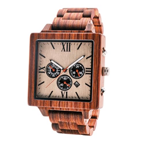 Montre Carrée en Bois Homme Quartz Analogique Multifonctions Date Vert Marron