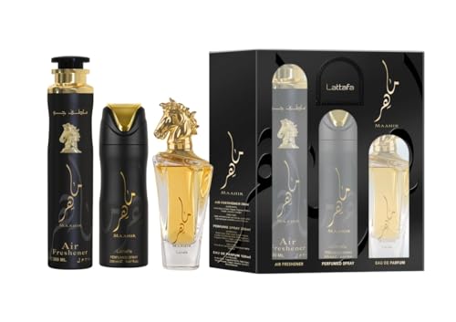 Lattafa Maahir Gift Set - Eau de Parfum 100ml - Deodorant 200ml - Air Freshener 300ml