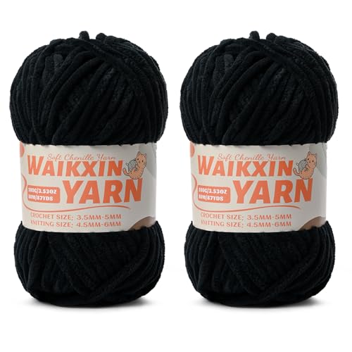 Image of (2 Black) 2 Pack Super Soft Fuzzy Chenille Chunky Yarn for Crocheting, 200g (175yds) Fluffy Velvet Yarn for Hand Knitting Baby Blankets Weaving Craft