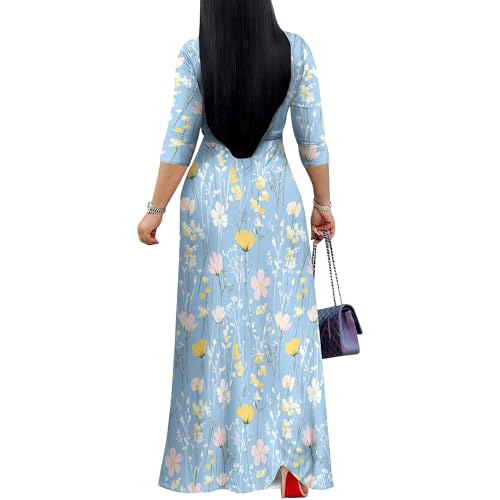 Image of PinkPatty Plus Size Maxi Dress for Women Casual V Neck 3 /4 Sleeve Boho Printed Long Dress with Pockets